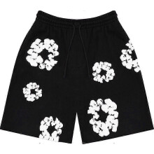 (black, M) Loose fit shorts compatible with men with flower pattern and pockets