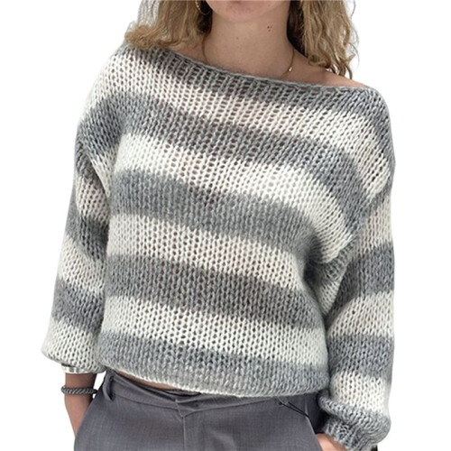 Damen Oversize-Pullover mit Streifen, Farbblock-Strick, Langarm-Sweatshirt, Lockerer Pullover, Y2K-Preppy-Pullover Grau M