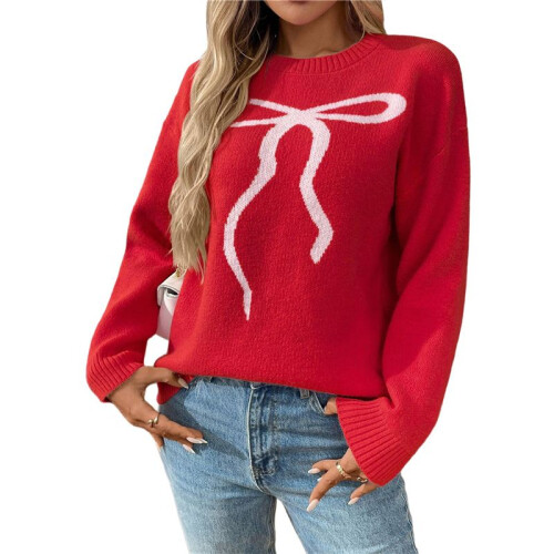 Damen-Strickpullover mit Süßer Schleife, Y2K, Langärmelig, Rundhalsausschnitt, Strickpullover, Lockere Passform, Lässiges Pullover-Oberteil Rot XL