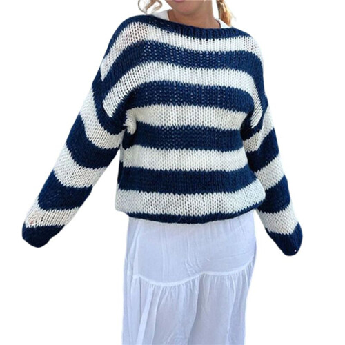 Damen Oversize-Pullover mit Streifen, Farbblock-Strick, Langarm-Sweatshirt, Lockerer Pullover, Y2K-Preppy-Pullover Blau L