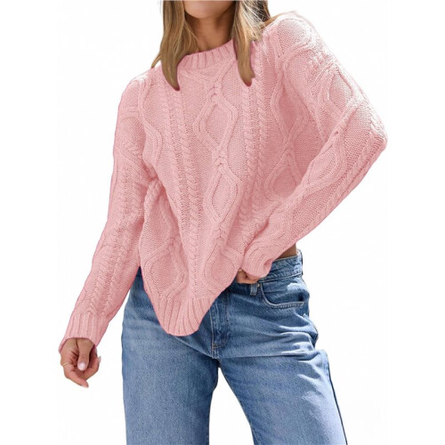 Women'S Oversized Cable Knit Crewneck Sweaters  L