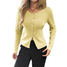 Damen-Urlaubs-Cardigan mit Knöpfen, Langärmelig, Strickoberteil, Business-Casual, Rundhalsausschnitt, Slim Fit, Jackenhemd Hellgelb S