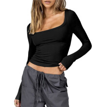 Womens Cotton Crop Tops Long Sleeve T Shirts Square Neck Y2k Tops Slim Fit Going Out Fall Fashion Clothes Black S