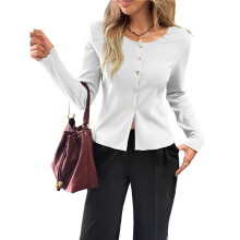 Women'S Vacation Button Cardigan Long Sleeve Knit Top Business Casual Round Neck Slim Fit Jacket Shirt White L