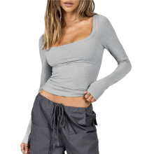 Womens Cotton Crop Tops Long Sleeve T Shirts Square Neck Y2k Tops Slim Fit Going Out Fall Fashion Clothes Light Gray M