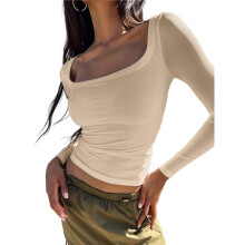 Womens Cotton Crop Tops Long Sleeve T Shirts Square Neck Y2k Tops Slim Fit Going Out Fall Fashion Clothes Apricot S