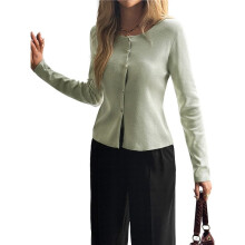 Women'S Vacation Button Cardigan Long Sleeve Knit Top Business Casual Round Neck Slim Fit Jacket Shirt Green M
