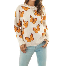 Women'S Casual Butterfly Print Knitted Pullover Sweaters Long Sleeve Crew Neck Jumper Tops Apricot XL