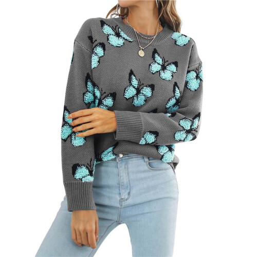 Damen Lässiger Strickpullover mit Schmetterlingsdruck, Langarm, Rundhalsausschnitt Grau XL