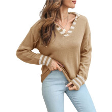 Women'S Striped  Collar Cuffs V-Neck Regular Fit Knit Sweater Wheat Yellow S