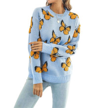 Women'S Casual Butterfly Print Knitted Pullover Sweaters Long Sleeve Crew Neck Jumper Tops  & Yellow M