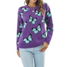 Women'S Casual Butterfly Print Knitted Pullover Sweaters Long Sleeve Crew Neck Jumper Tops  L