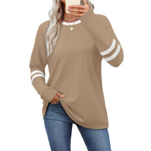 Long Sleeve Shirts for Women Color Block Casual Tops Fall Outfits Basic Tees Trendy Clothes Khaki L