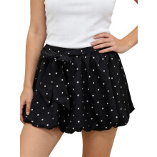 (S, Black) Women Dot Print Bubble Skirt with Belt Casual Elastic Waist Mini Puff Skirts Stylish Summer Streetwear