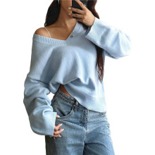 Women'S Loose V-Neck Long Sleeve Soft Ribbed Knit Pullover Top Solid Color Comfortable Casual Sweater Light  L
