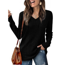 Womens Long Sleeve Tops V Neck Shirts Light-Weight Tunic Sweaters Fashion Black L