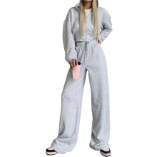 Women'S 2-Piece Set Tracksuit Set Long Sleeve Zipper Hooded Sweatshirt with Solid Color Lace- Pants Light Gray XL