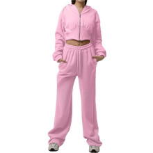 Women'S Tracksuit Set - Long Sleeve Zipper Hooded Sweatshirt with Solid Color Lace- Pants - Two-Piece Set L