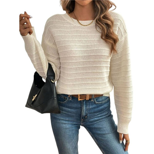 Damen Langarmpullover Herbst und Winter Süßer Rundhalsausschnitt Einfarbiger Strickpullover Reis Aprikose S