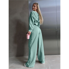 Women'S Tracksuit Set - Long Sleeve Zipper Hooded Sweatshirt with Solid Color Lace- Pants - Two-Piece Set Green L