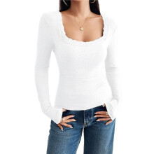 Womens Long Sleeve Shirts Square Neck Ribbed Knit Crop Tops Fall Outfits Fashion Clothes White XS
