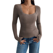 Womens Long Sleeve Shirts Square Neck Ribbed Knit Crop Tops Fall Outfits Fashion Clothes Coffee Color XXL