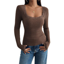 Womens Long Sleeve Shirts Square Neck Ribbed Knit Crop Tops Fall Outfits Fashion Clothes Brown XL