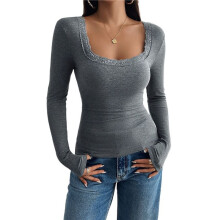 Womens Long Sleeve Shirts Square Neck Ribbed Knit Crop Tops Fall Outfits Fashion Clothes Grey XS