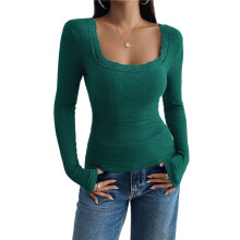 Womens Long Sleeve Shirts Square Neck Ribbed Knit Crop Tops Fall Outfits Fashion Clothes Green M