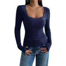 Womens Long Sleeve Shirts Square Neck Ribbed Knit Crop Tops Fall Outfits Fashion Clothes Navy L
