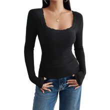 Womens Long Sleeve Shirts Square Neck Ribbed Knit Crop Tops Fall Outfits Fashion Clothes Black XS