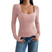 Womens Long Sleeve Shirts Square Neck Ribbed Knit Crop Tops Fall Outfits Fashion Clothes Lotus Root  XS