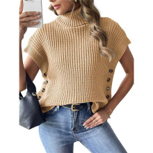Womens Cap Sleeves Sweater Vest Turtle-Neck Ribbed Knit Tank Tops Basic Slim Fit Top  One Size