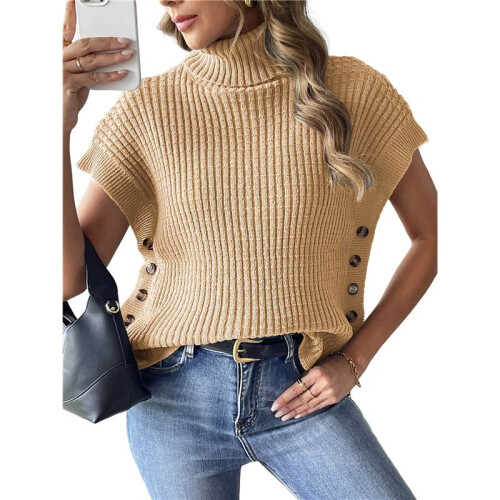 Damen-Pulloverweste mit Flügelärmeln, Rollkragen, Geripptes Strick-Tanktop, Basic-Slim-Fit-Oberteil Kamel Einheitsgröße