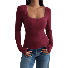 Womens Long Sleeve Shirts Square Neck Ribbed Knit Crop Tops Fall Outfits Fashion Clothes Wine Red XS