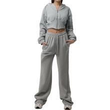 Women'S Tracksuit Set - Long Sleeve Zipper Hooded Sweatshirt with Solid Color Lace- Pants - Two-Piece Set Grey S