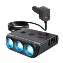 180W Car Cigarette Lighter Multi Triple Splitter with Digital Voltage Display 4 USB Type C Charger Adapter