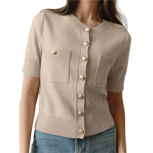 Cardigan A Girocollo con Bottoni In Metallo, Semplice Ed Elegante, da Donna, Autunno Cachi M
