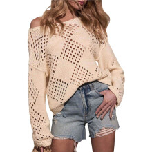 Women'S Crochet Off the Shoulder Hollow Out Knit Tops V Neck Long Sleeve Sweater Top Apricot M