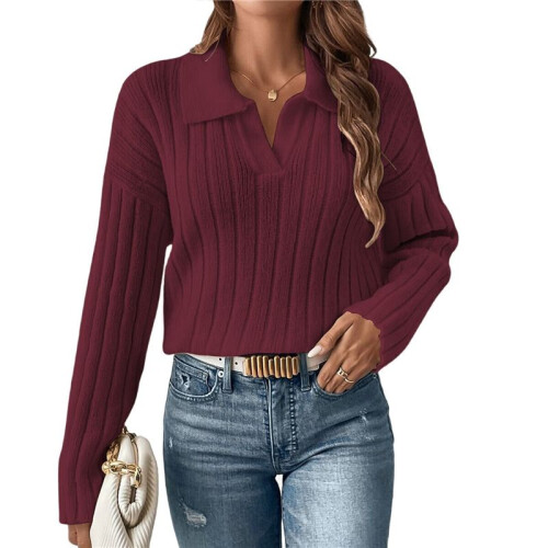 Damen Zopfmusterpullover Langarm V-Ausschnitt Pullover Tops Lässige Pullover Shirts Herbstmode Outfits Dunkelrot XL