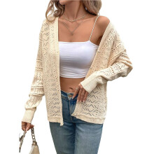 Maglione Cardigan Autunnale da Donna, Fresco, Versatile, Casual, Retrò, con Scollo A V, Lavorato All'Uncinetto, Tinta Unita Albicocca Beige M