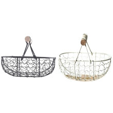 2Pcs Wooden Handle Metal Retro Basket Vegetable Fruit Egg Groceries Practical Storage Basket - White & Black