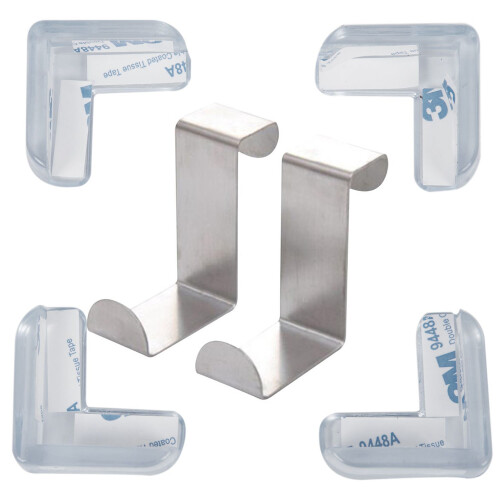 6Pcs Tool: 4Pcs Clear Safety Soft Plastic Table Desk Corner Guard Protector & 2Pcs Back Door Hook Cabinet Clothes Hanger