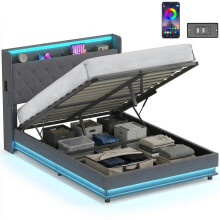 Lift up Storage Bed Frame with RGB LED Lights, 135 x 190cm, Dark Grey