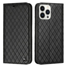 Kompatible iPhone 14 Pro Hülle, PU-Leder-Klapphülle mit Magnetverschluss, Kartenfächern, Ständerfunktion, Gitterdesign: Schwarz