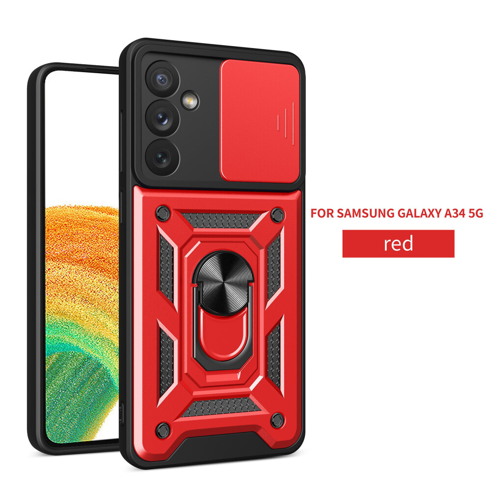 Magnetic Phone Case Compatible Samsung Galaxy A34 5G, Slide Camera Lens Protection And Built In 360 Rotatable Ring Holder: Red 3557559195673