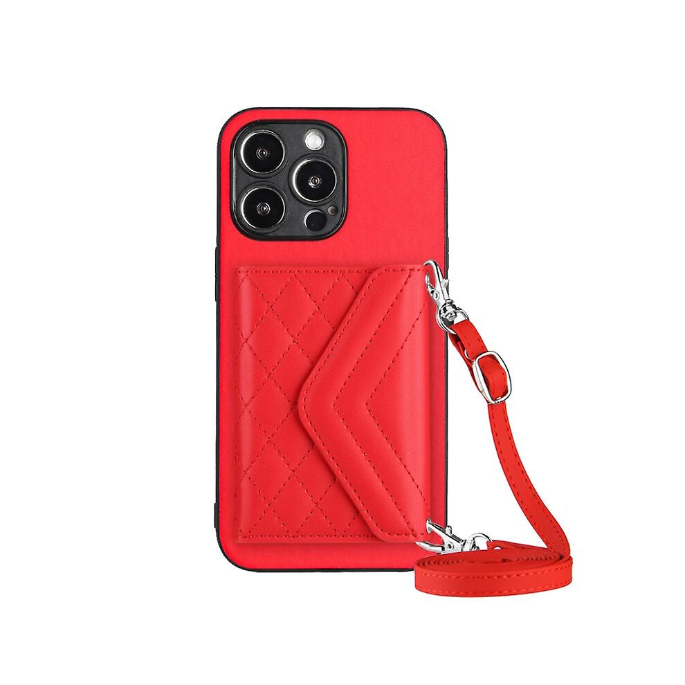Compatible Iphone 15 Plus Rhombic Texture Card Bag Rfid Phone Case With Long Lanyard: Red 3654584403176