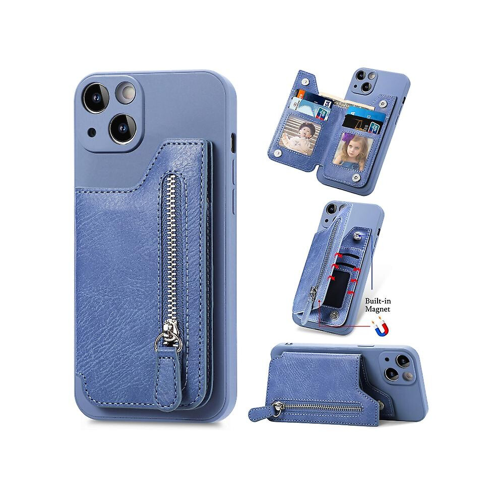 Compatible Iphone 14 Plus Zipper Wallet Leather Back Shockproof Phone Case: Blue 3225532134741