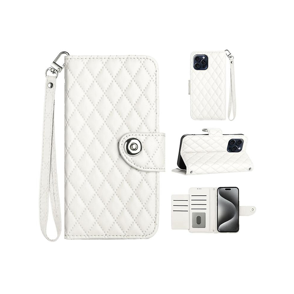 Compatible Iphone 15 Plus Rhombic Texture Flip Leather Phone Case With Lanyard: White 3225532134901