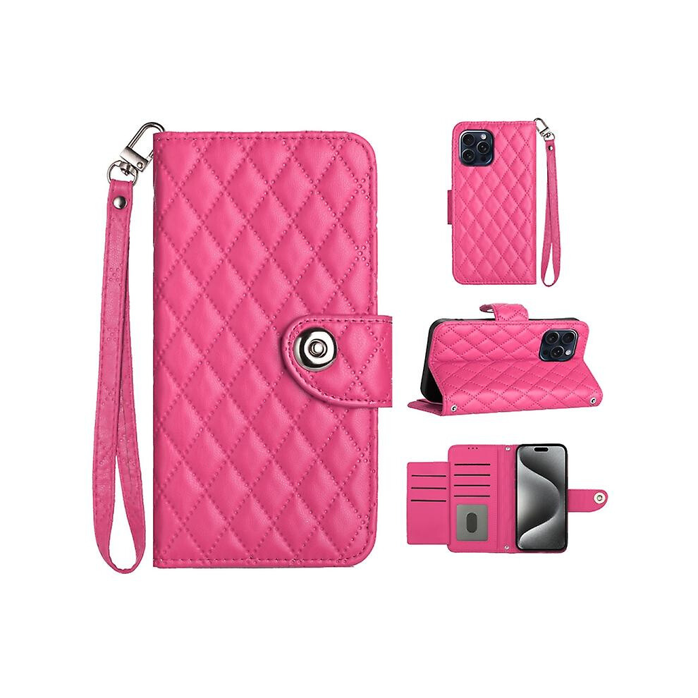Compatible Iphone 15 Plus Rhombic Texture Flip Leather Phone Case With Lanyard:rose Red 3225532134895